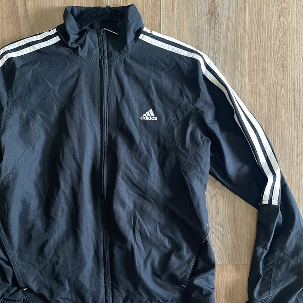 Adidas Black and white striped long sleeve track jacket w front pockets & zipper